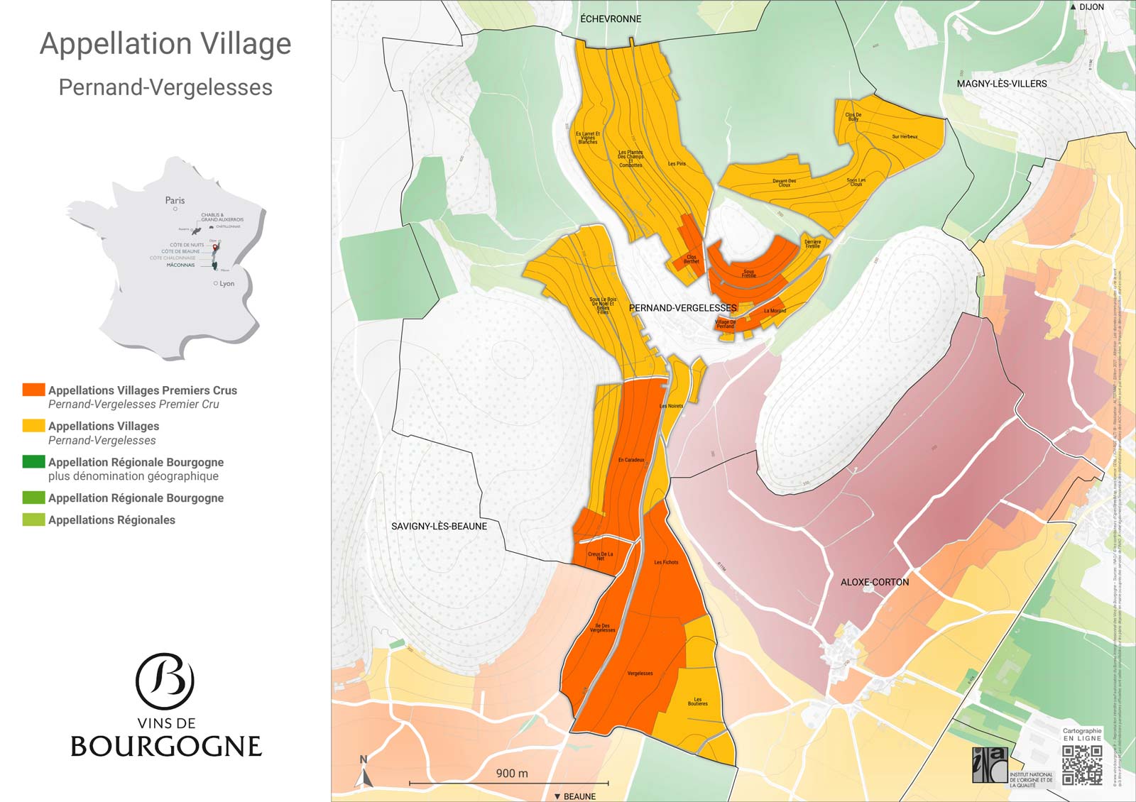 carte de l'appellation Pernand-Vergelesses - Côte de Beaune - Bourgogne