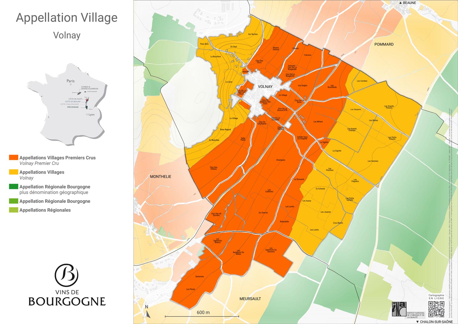 carte de l'appellation Volnay - Côte de Beaune - Bourgogne
